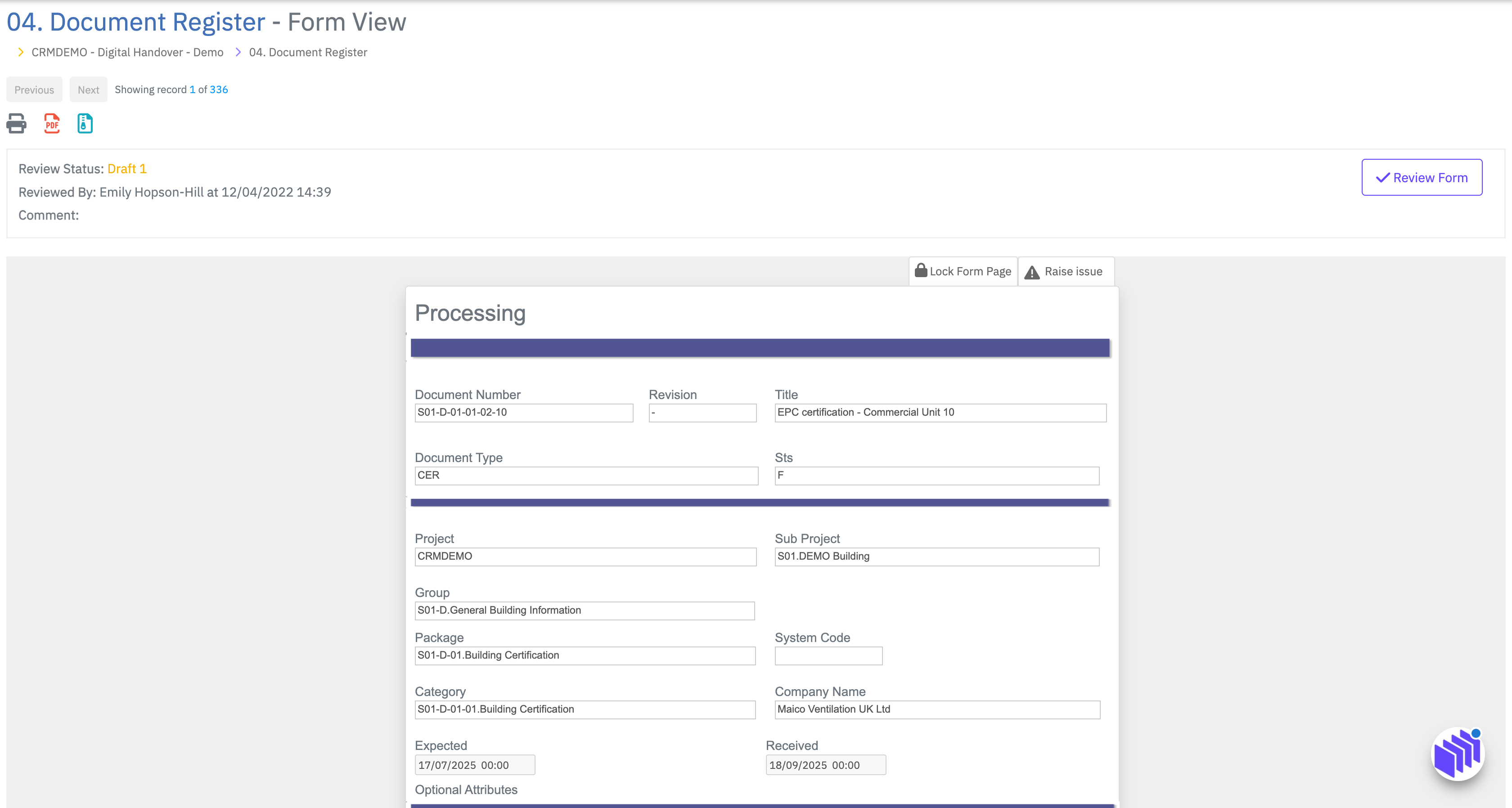 Document Register Open Record