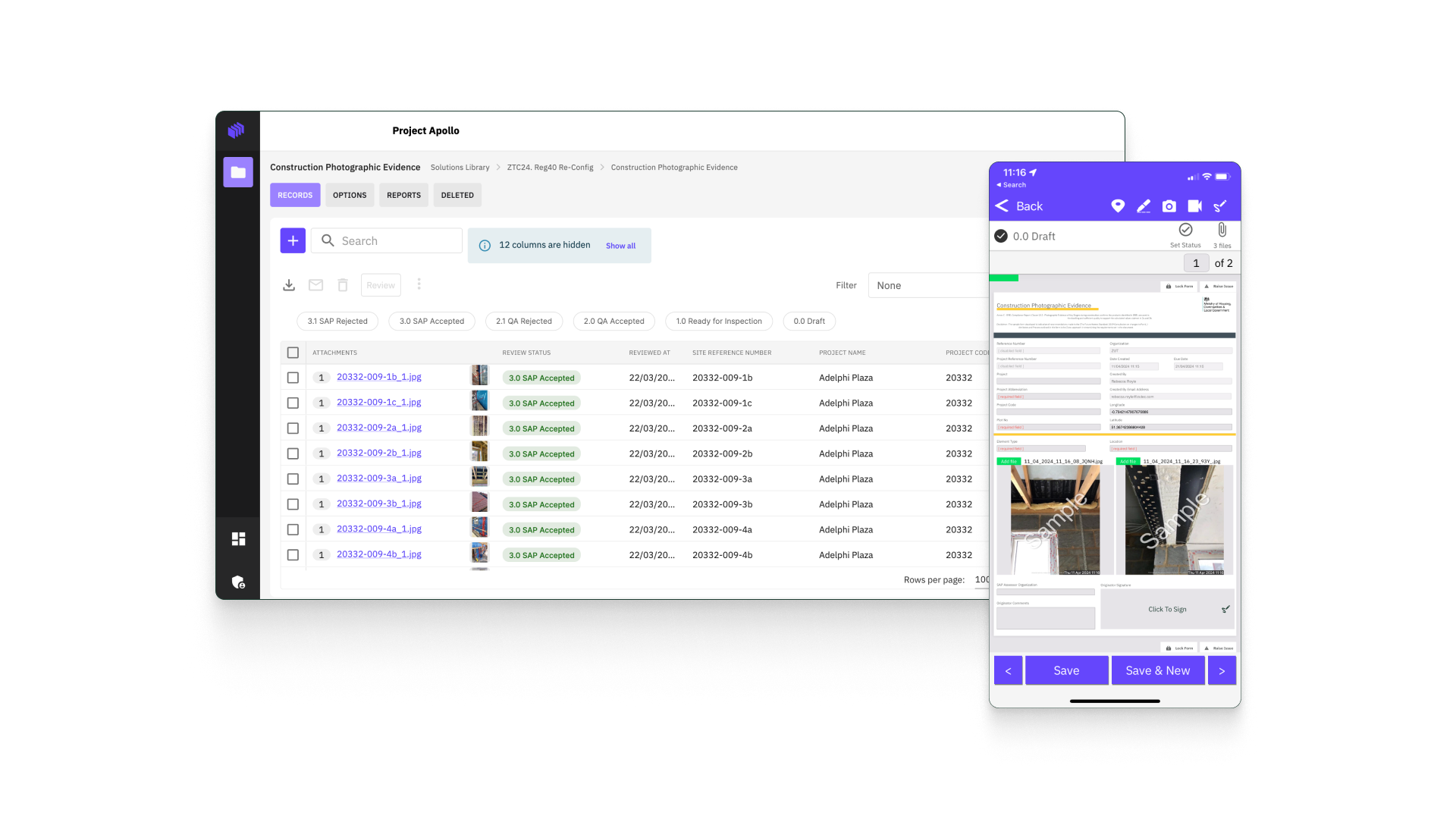 Zutec Part L construction photographic evidence dashboard and field app