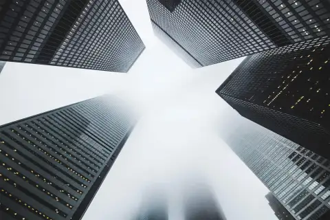 Worm's eye view of towering high-rise buildings