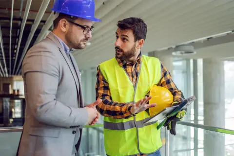 Construction worker and businessman on-site having a discussion