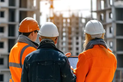 Three construction workers with hard caps on construction site of high-rise building development